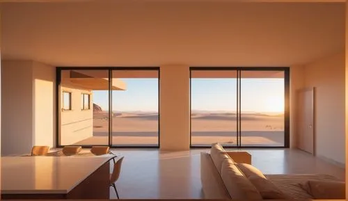 The view from the window is a desert view. It is sunset time,the living room is overlooking the desert at sunset,amanresorts,sky apartment,modern room,penthouses,mahdavi,bedroom window,Photography,Gen