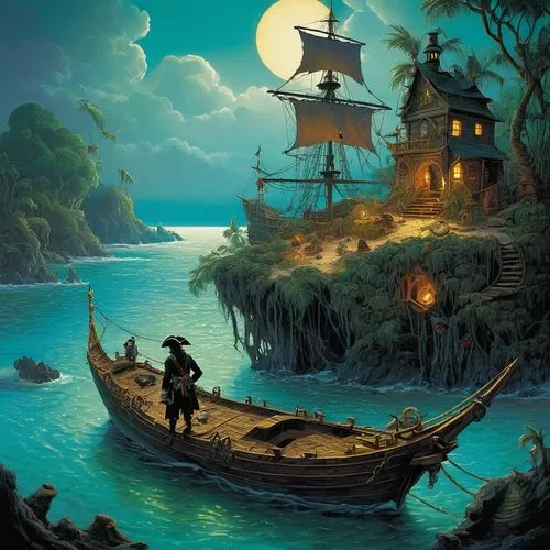 fantasy picture,pirate ship,pirate treasure,sea fantasy,fantasy art,shipwreck,Illustration,Realistic Fantasy,Realistic Fantasy 05