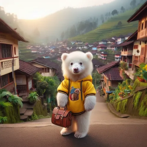 the teddy bear is wearing a yellow jacket and carrying a purse,bearmanor,bearman,bearlike,hosoda,bearishness,bear guardian