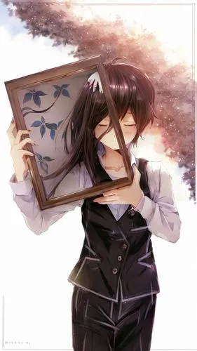 a girl with long hair holding a painting,tomoko,hanako,fukawa,hikikomori,dazai,mukuro,Common,Common,Japanese Manga