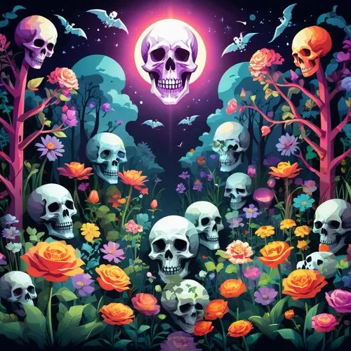  Illustrate a garden where flowers bloom from skulls, their petals glowing in various colors. Ghosts float gently above the garden, interacting with the plants, while a moonlit sky casts an ethereal g