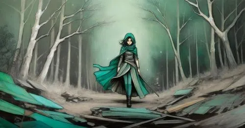 a girl walking in the forest with a hood,elven forest,the enchantress,mirkwood,sorceress,hecate,dryad,Illustration,Realistic Fantasy,Realistic Fantasy 23