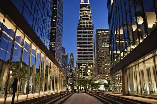 Modern building, urban planning, adjacent skyscrapers, reflective glass facades, metallic frames, concrete foundation, steel beams, intricate structural details, cityscape, busy streets, pedestrian wa