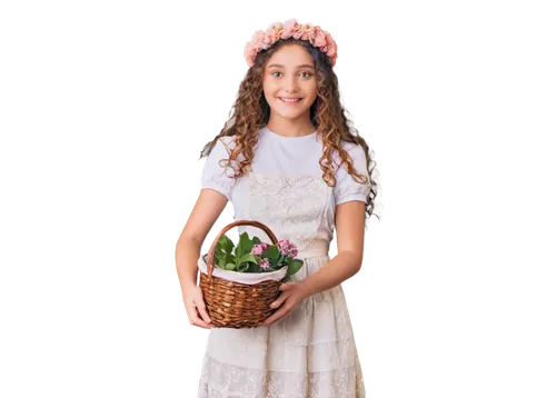 girl in flowers,flower girl,flowers in basket,little girl fairy,flower basket,girl in a wreath,girl picking flowers,ostara,hermia,florinda,flower fairy,garden fairy,shavuot,bishvat,gretel,gretl,alyssum,imbolc,avonlea,communicants,Illustration,Children,Children 03