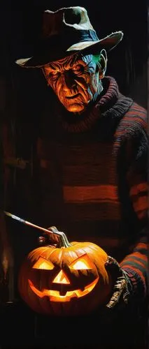 Freddy Krueger, Halloween theme, pumpkin decoration, eerie candlelight, orange glowing eyes, striped sweater, gloved hand holding a paintbrush, spooky background with cobwebs, dimly lit room, creepy s