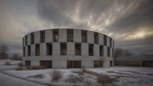 concrete facade, winter,winter house,kettunen center,klaus rinke's time field,panopticon,snowhotel,round house,cube house,cubic house,cooling tower,silo,snow house,archidaily,snow ring,blockhouse,cool