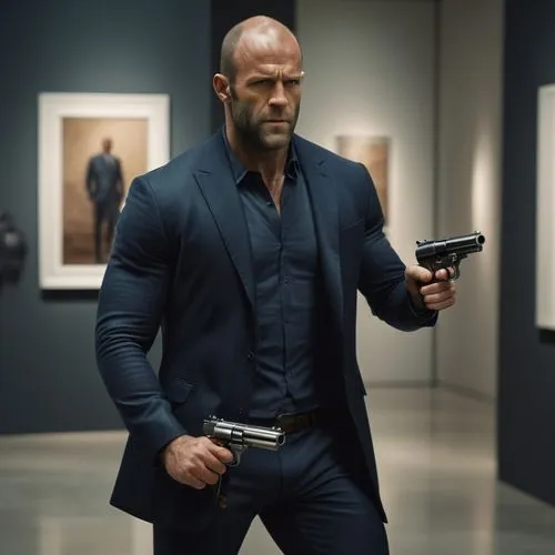 Jason Statham carregando um revólver, dentro de uma galeria de arte. Hiper-realista. 8K.,statham,bjornsson,mcclane,a black man on a suit,meloni,mib,stabler,holding a gun,spy,bondarchuk,messalla,commis