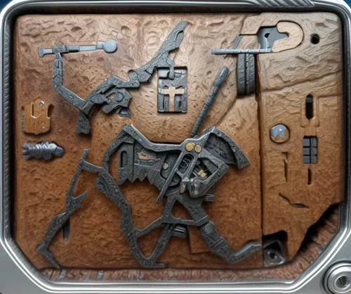 helmet plate,belt buckle,gingerbread mold,pirate treasure,tin,transport panel,robot icon,battery icon,iron door,wall plate,wall clock,base plate,icon magnifying,digital safe,map icon,leather suitcase,door key,metal rust,rusty door,bot icon
