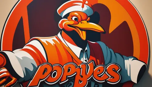 Design a captivating Popeyes logo with a touch of elegance and modernity. ,popeye,enamel sign,king vulture,vintage rooster,anaheim peppers,chicken lolipops,orange beak,polkagris,fowl,vector graphic,po