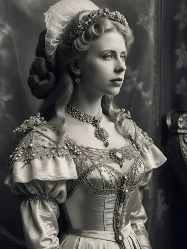 Black and white photo of the pale wax figure of Marie of Romania in the wax museum in Bucharest,a woman in a long dress is standing next to a chair,elizabeth ii,victorian lady,liselotte,noblewoman,kon