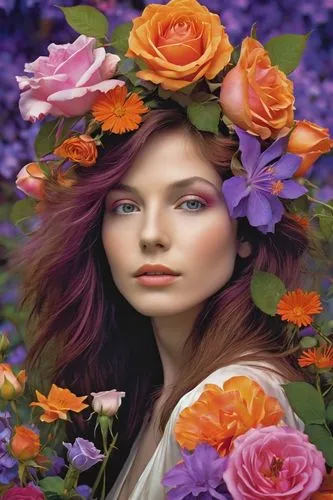 beautiful girl with flowers,flowers png,girl in flowers,flower background,splendor of flowers,paper flower background,colorful roses,wreath of flowers,colorful floral,rose png,floral background,colorful flowers,purple rose,rose wreath,flower fairy,violet flowers,girl in a wreath,colorful background,flower essences,faery,Illustration,Realistic Fantasy,Realistic Fantasy 14