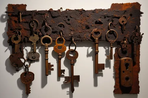 Create a suspenseful scene where a group of explorers stumbles upon a rusted key, unlocking a dangerous secret.,block and tackle,cuckoo clocks,skeleton key,iron door,key mixed,scrap sculpture,rusty ch