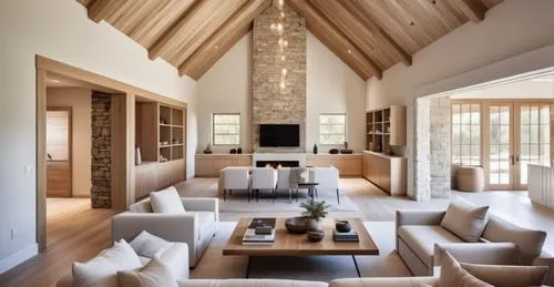 generate a modern stone house living room in the modern organic luxury style with wood textures and light walls. include furniture for living room and ceiling lighting
,a living room with wooden ceili