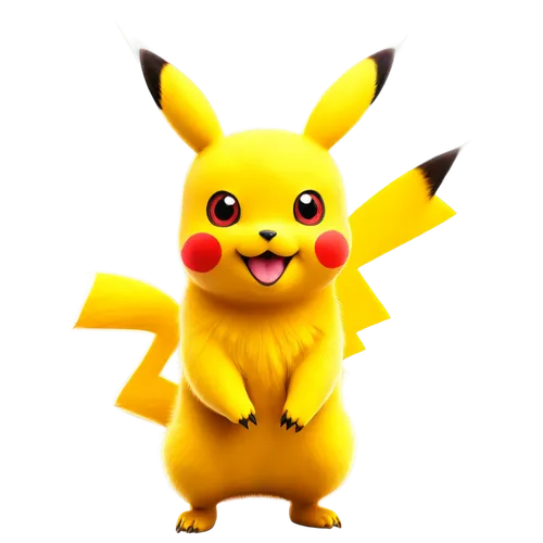 Pikachu, standing pose, yellow fur, red cheeks, big eyes, smiling face, lightning bolt tail, bright shiny eyes, cartoonish, vibrant colors, soft focus, shallow depth of field, warm lighting, 3/4 compo