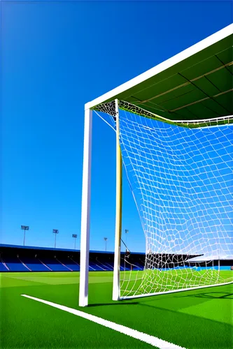 Goal picture, football stadium, daytime, sunny weather, blue sky, green grass, white goalposts, nets attached, detailed textures, realistic shading, low-angle shot, 3/4 composition, vibrant colors, ci