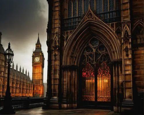 Gothic, grand, intricate glave, Victorian-era inspired, ornate carvings, pointed arches, ribbed vaults, flying buttresses, stained glass windows, majestic entrance, heavy wooden doors, iron hinges, my