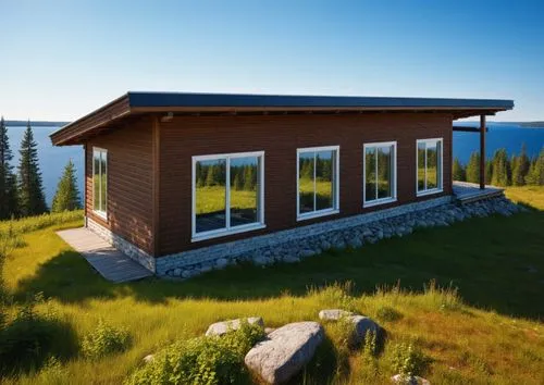 + photorealistic image, chalet style, dark wood walls, white window frames, sunny clear summer day, rocky landscapes of Karelia, silence, wooden fence behind the house,,the cabin in the mountains,3d r