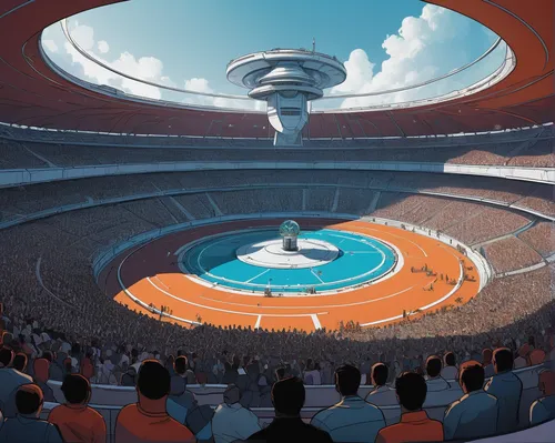 Imagine a futuristic world where shamshiry duels are held in floating arenas, amidst a crowd of technologically advanced spectators.,stadium falcon,oval forum,soccer-specific stadium,tempodrom,olympic