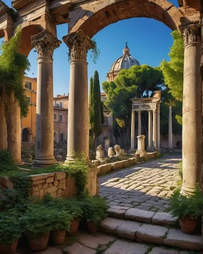 Roman Forum, ancient ruins, grandiose columns, majestic arches, intricately carved marble, weathered stone pavement, sprawling urban landscape, Mediterranean climate, warm sunlight casting long shadow