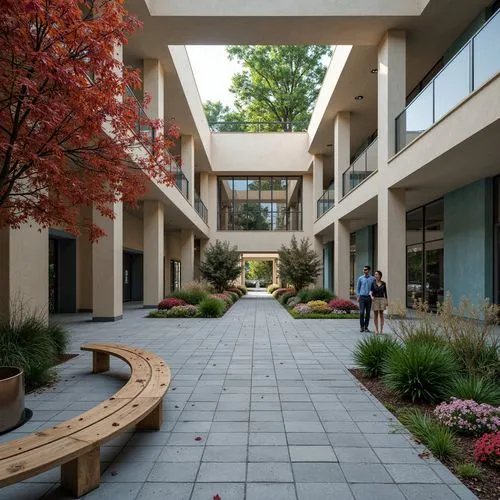 Serene memorial center, solemn atmosphere, muted color palette, soft gray stones, weathered wooden benches, subtle bronze accents, gentle natural light, warm beige walls, calm blue tones, respectful a