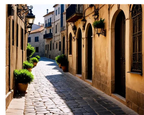 Narrow calle, Adoquinada, Spain, ancient stone pavement, medieval architecture, warm afternoon sunlight, soft shadows, old lanterns, flower pots, balconies with wrought iron railings, 3/4 composition,