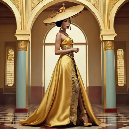 yellow sun hat,a floor-length dress,filipiniana,art deco woman,elegante,palila,Photography,Artistic Photography,Artistic Photography 14