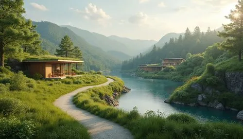 idyllic,the cabin in the mountains,house with lake,landscape background,house in the mountains,home landscape,fantasy landscape,house in mountains,butka,summer cottage,world digital painting,seclude,forest lake,house by the water,green landscape,river landscape,rivendell,beautiful landscape,house in the forest,wooden bridge,Photography,General,Realistic