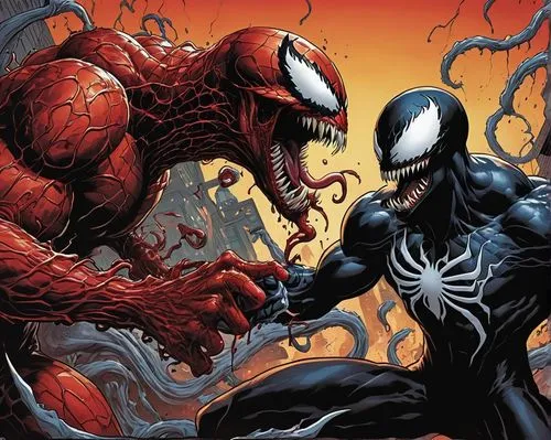 Venom and Carnage locked in a brutal fight, their mouths open with long, menacing tongues lashing out at each other. The background is filled with thick, swirling black and red liquid, creating a chao