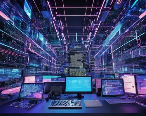 Modern .NET framework architecture, futuristic, sleek, metallic, glassy, complex structure, multiple layers, abstract shapes, neon lights, circuit boards, wires, coding screens, laptops, developer's d