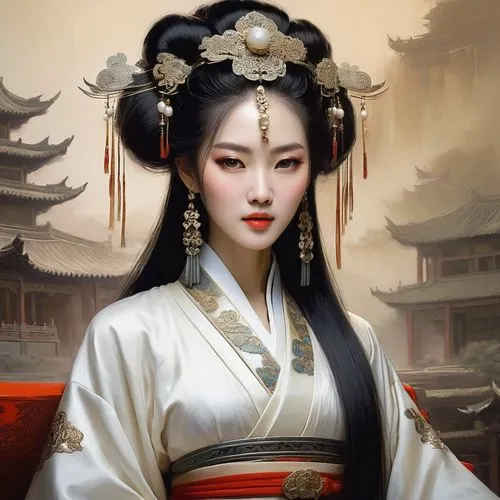 Chinese imperial palace of the Qin dynasty, on the throne sits a very beautiful charming Chinese woman with beautiful expressive eyes, beautiful thin lips, beautiful long hair, a martial arts master, 