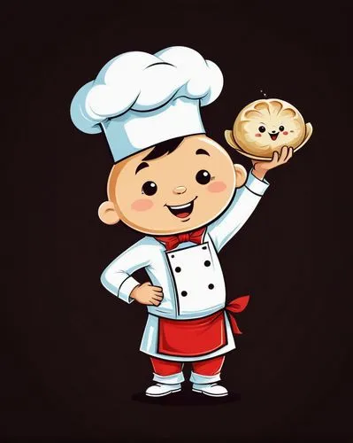 Cute and quirky logo vector illustration. The focus is on a cute boy chef holding a large dumpling on his raised hand, style: grotesque, symbolism, line art, cubism.,apple pie vector,pastry chef,chef,