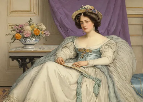 la violetta,portrait of a woman,portrait of a girl,woman sitting,jane austen,barbara millicent roberts,woman with ice-cream,victorian lady,girl in a long dress,woman on bed,woman holding a smartphone,young woman,woman holding pie,debutante,bougereau,charlotte cushman,in seated position,elizabeth nesbit,young lady,emile vernon,Illustration,Retro,Retro 19