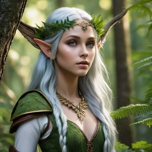 ﻿In this captivating scene, you now see a female elf standing amidst the verdant forest. She is dressed in attire similar to her male counterpart, with a pair of tight-fitting trousers made from soft 