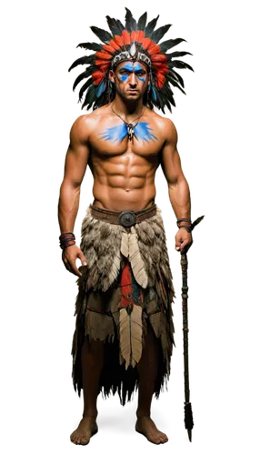 Tribal warrior, muscular man, strong facial features, bold eyes, feathered headdress, colorful tribal paint, ripped abs, fur loincloth, holding spear, standing, powerful stance, intense gaze, warm lig