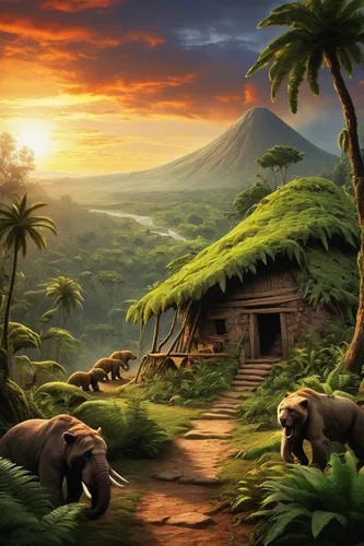 landscape background,prehistory,cartoon video game background,world digital painting,fantasy landscape,tropical animals,home landscape,fantasy picture,elephants and mammoths,children's background,primeval times,prehistoric art,african elephants,an island far away landscape,full hd wallpaper,game illustration,monkey island,prehistoric,animals hunting,africa,Art,Classical Oil Painting,Classical Oil Painting 21