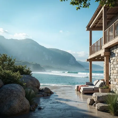 oceanfront,beachfront,house by the water,lefay,seaside view,shorefront,beach house,mountain beach,summer cottage,amanresorts,holiday villa,dunes house,wood and beach,beach resort,tayrona,chalet,shoreside,seaside country,render,ocean view