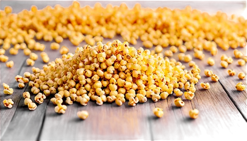 Golden popcorn, scattered on wooden table, soft focus, shallow depth of field, warm lighting, close-up shot, individual kernels visible, slightly toasted, natural texture, realistic rendering, cinemat