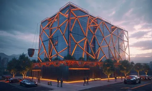 Oficina moderna. 
Lamborguini ,an artistic building lit up at dusk with a red light,building honeycomb,cubic house,glass pyramid,water cube,cube house,glass building,Photography,General,Sci-Fi