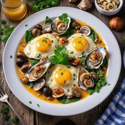 Pour amateurs raffinés : Omelette aux huitres et escargots .,fried egg plant,quail eggs,bread eggs,danish breakfast plate,egg dish,brown eggs,fricassee,huevos,egg tray,escargots,oysters,oeuvres,fried 