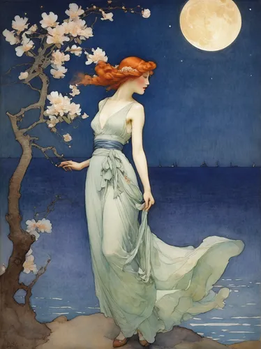 Write a haunting poem about a ginger blossom in the moonlight.,mucha,rusalka,the sea maid,blue moon rose,kate greenaway,spring equinox,bibernell rose,rem in arabian nights,asher durand,herfstanemoon,m