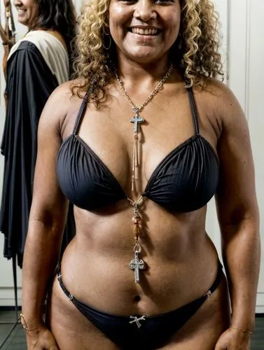 Portrait of a small, South American dancer for the Pope in a brown bikini. A rosary with a crucifix hangs around her neck. Smiling cheerfully.,margolyes,polynesian girl,samoan,pasifika,gabourey,maori,