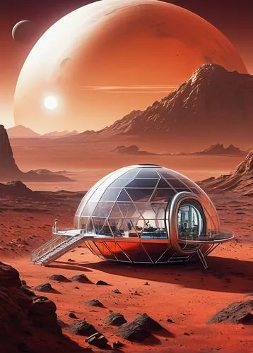 Futuristic Mars colony, architectural design, habitat dome, transparent aluminum framework, self-sustaining ecosystem, solar panels, wind turbines, sleek metallic surfaces, geometric patterns, neon li