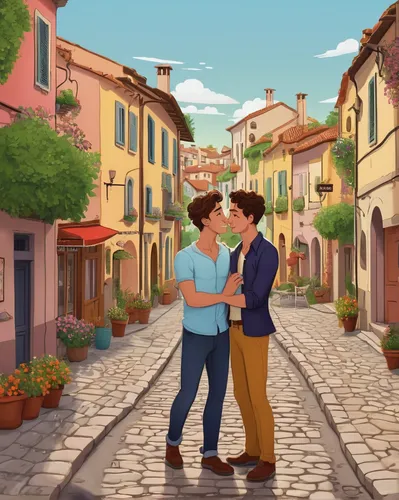 gay couple,gay love,italy,italians,modena,community connection,bellagio,romantic scene,game illustration,lilo,lombardy,animated cartoon,french tourists,the cobbled streets,romantic meeting,antigua,piemonte,tuscan,street scene,italia,Art,Classical Oil Painting,Classical Oil Painting 04