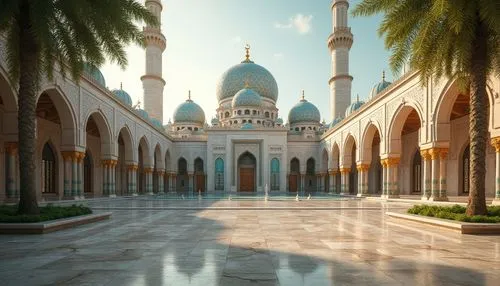 Grand mosque, intricately patterned domes, minarets, arched windows, Islamic geometric motifs, vibrant turquoise tiles, golden accents, ornate wooden doors, sacred scriptures, spiritual ambiance, warm