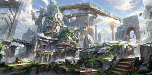 ancient city,fantasy landscape,futuristic landscape,mushroom landscape,mountain settlement,ruins,fairy world,fantasy world,fairy village,ruin,bird kingdom,karst landscape,high landscape,fantasy city,druid grove,tigers nest,mountain world,3d fantasy,biome,hall of the fallen