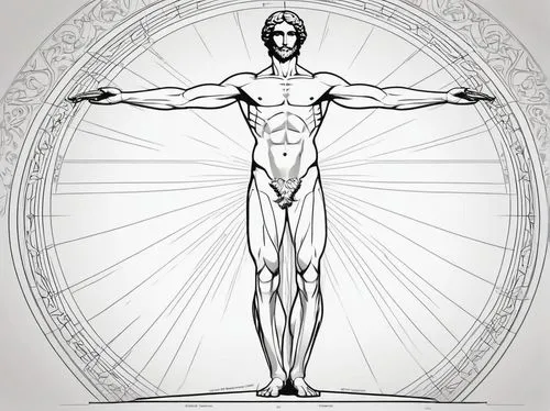 On Vitruvian Man, muscular male, perfect body proportions, Renaissance style, classical architecture background, marble floor, stone columns, subtle warm lighting, 3/4 composition, focus on chest and 