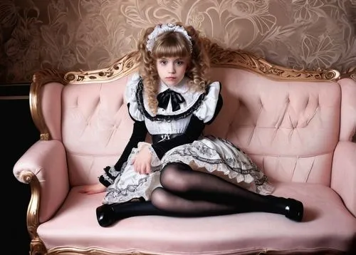 A young Lolita girl, 12-14 years old, latex clothing, puffy sleeves, lace-trimmed collar, pink and white striped stockings, black Mary Jane shoes, curly blonde hair, big brown eyes with thick eyelashe