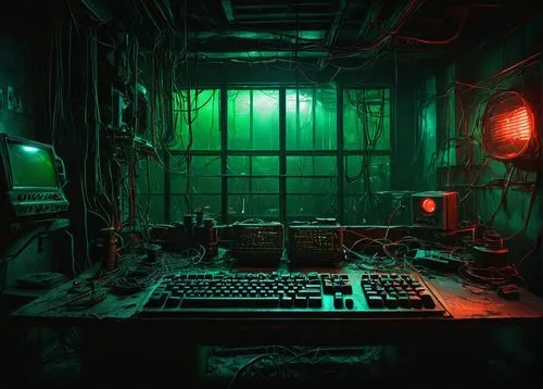 computer room,the server room,engine room,sci fi surgery room,laboratory,computer,cyberpunk,computer workstation,research station,ufo interior,barebone computer,lab,computer desk,a dark room,green wallpaper,abandoned room,computer system,cyclocomputer,computer game,working space,Illustration,Retro,Retro 10