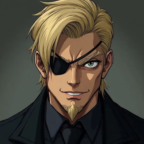 Smirking slick blonde and black hair slim mischievous man in a eyepatch with cheekbones with a goatee ,an image of a male with blonde hair,arcangelo,melikov,wesker,reinprecht,karyo,batou