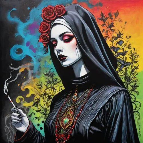 a woman wearing a black hooded costume, holding a cigarette,baroness,hecate,morticia,vampira,wiccan,bruja,Illustration,Abstract Fantasy,Abstract Fantasy 14